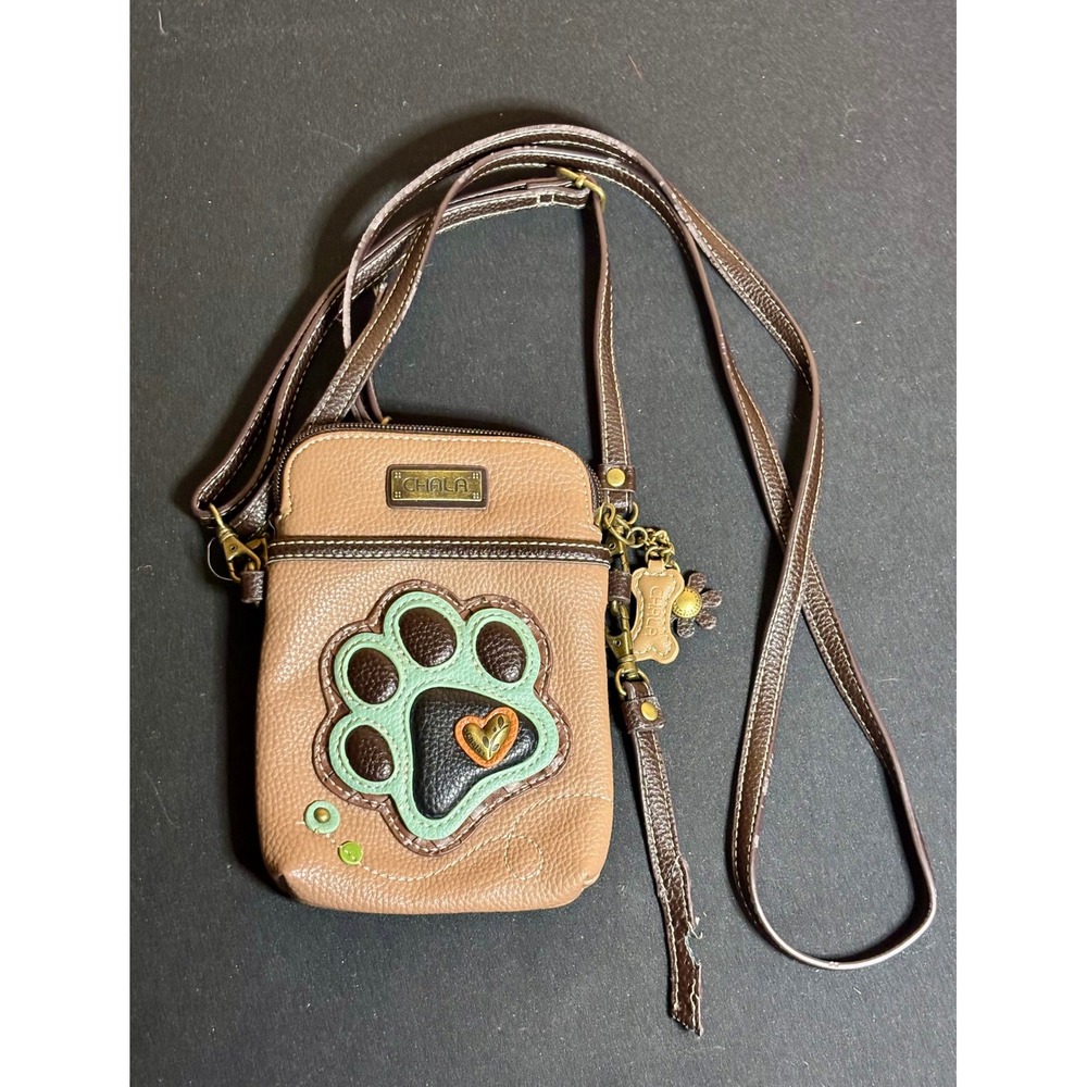 Chala Cell Phone Crossbody Bag Brown Tan Vegan Leather Paw Print Heart Wristlet
